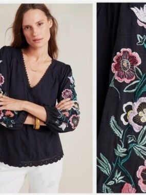 Anthropologie Black Embroidered V-Neck Floral Blouse